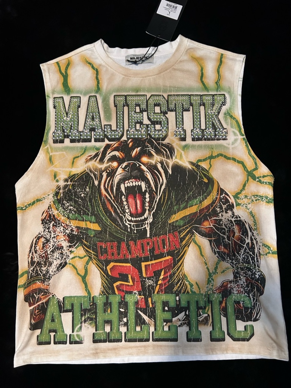Majestik Men's Graphic Sleeveless Tee in White, Green, & Beige